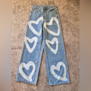 SHEIN Blue Heart Print Wide Leg Jeans
